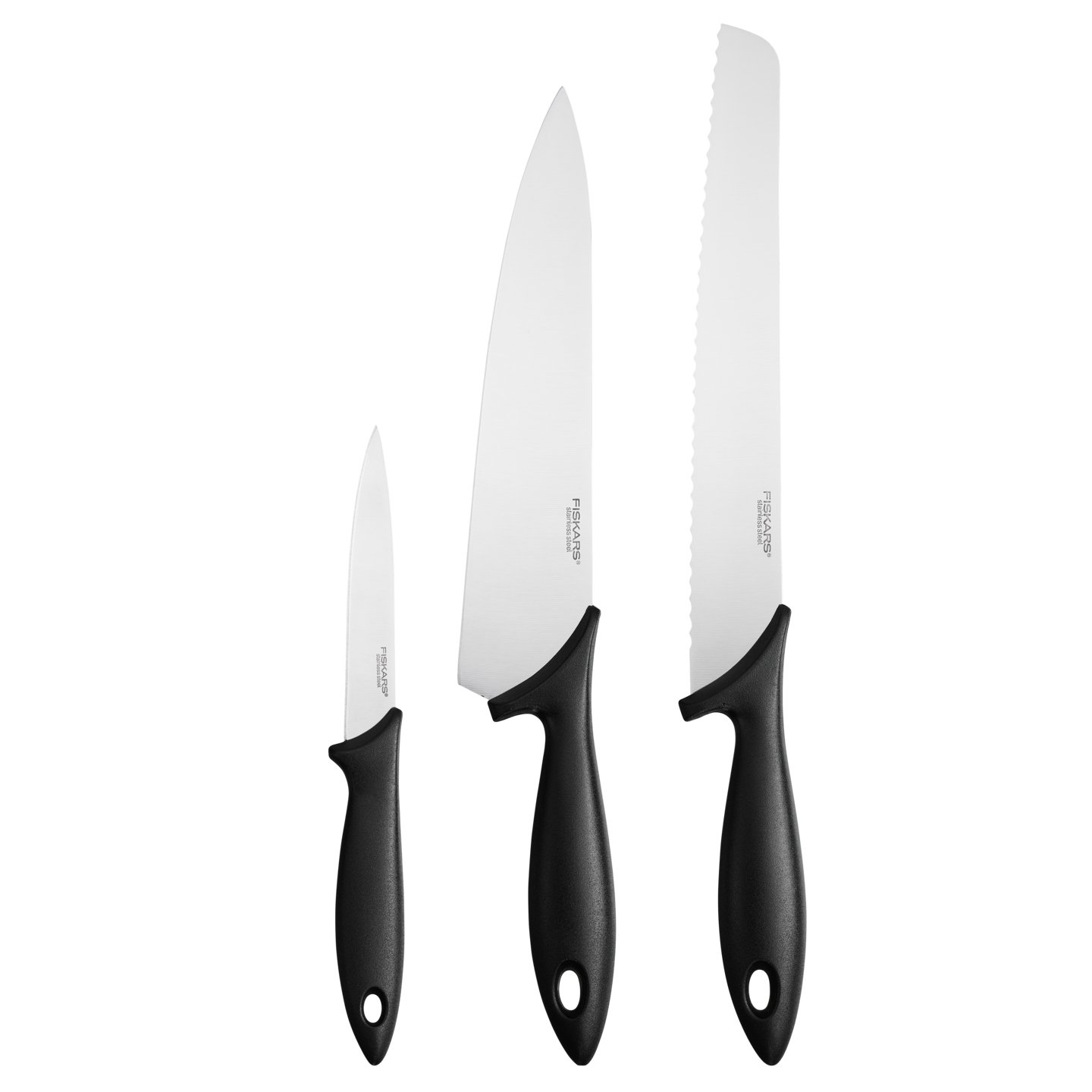 Fiskars Essential Knivsæt (Brødkniv, Kokkekniv, Grøntsagskniv)